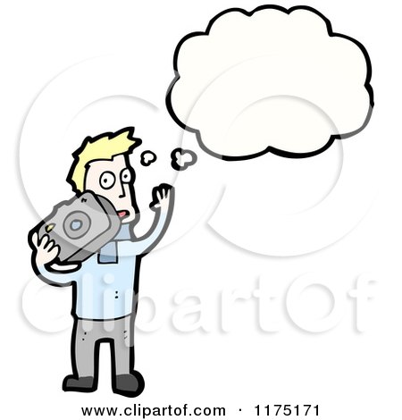Cartoon of a Man Holding a Camera Wearing a Blue Sweater with a Conversation Bubble - Royalty Free Vector Illustration by lineartestpilot