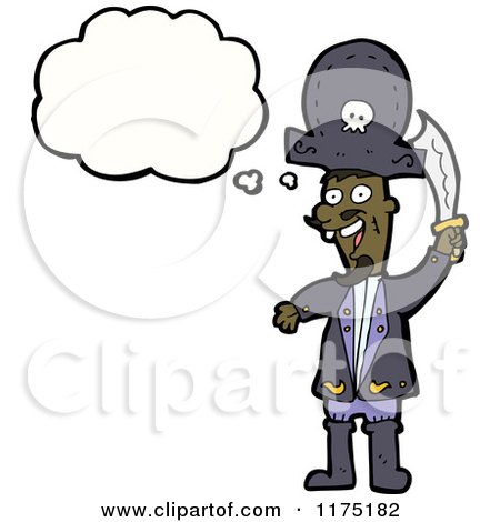 Cartoon of a Black Pirate with a Sword and a Conversation Bubble - Royalty Free Vector Illustration by lineartestpilot