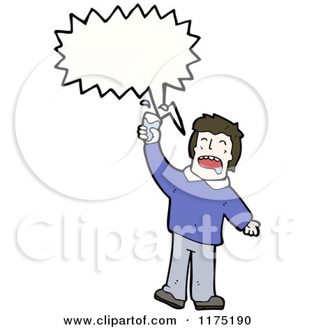 Cartoon of a Man Wearing a Blue Sweater Drinking Soda with a Conversation Bubble - Royalty Free Vector Illustration by lineartestpilot