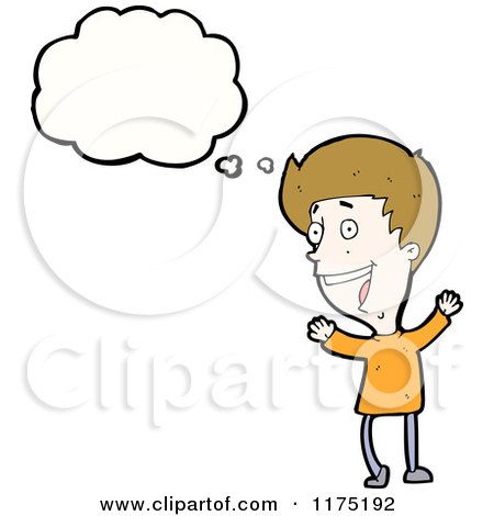 Cartoon of a Man Wearing an Orange Sweater with a Conversation Bubble - Royalty Free Vector Illustration by lineartestpilot