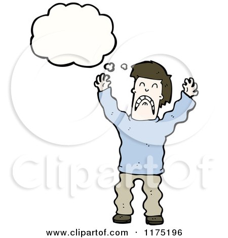 Cartoon of a Man Upset Wearing a Blue Sweater with a Conversation Bubble - Royalty Free Vector Illustration by lineartestpilot
