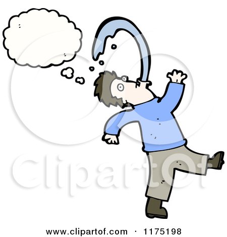 Cartoon of a Man Spitting and Wearing a Blue Sweater with a Conversation Bubble - Royalty Free Vector Illustration by lineartestpilot