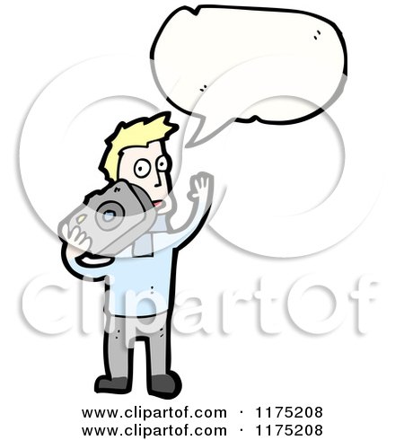 Cartoon of a Man with a Camera Wearing a Blue Sweater with a Conversation Bubble - Royalty Free Vector Illustration by lineartestpilot