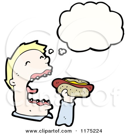 Cartoon of a Man Eating a Hotdog with a Conversation Bubble - Royalty Free Vector Illustration by lineartestpilot