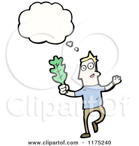 Cartoon of a Man Wearing a Blue Sweater Holding a Leaf with a Conversation Bubble - Royalty Free Vector Illustration by lineartestpilot