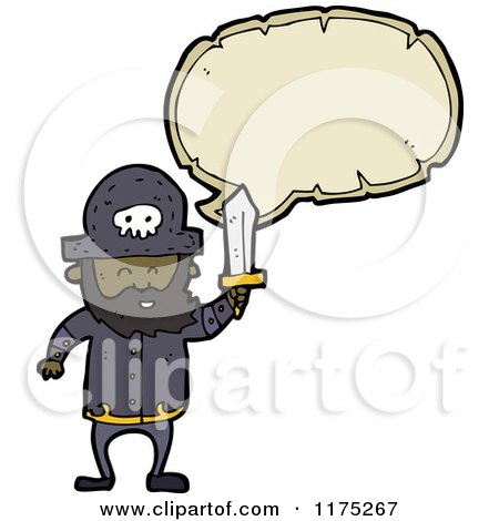 Cartoon of a Black Pirate with a Sword and a Conversation Bubble - Royalty Free Vector Illustration by lineartestpilot
