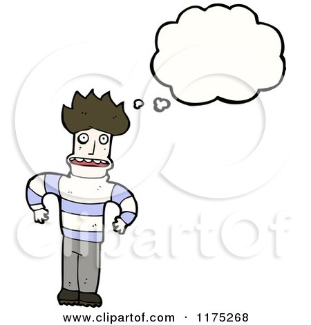 Cartoon of a Man Wearing a Striped Sweater with a Conversation Bubble - Royalty Free Vector Illustration by lineartestpilot