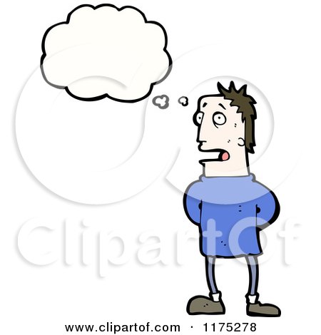 Cartoon of a Man Wearing a Blue Sweater with a Conversation Bubble - Royalty Free Vector Illustration by lineartestpilot