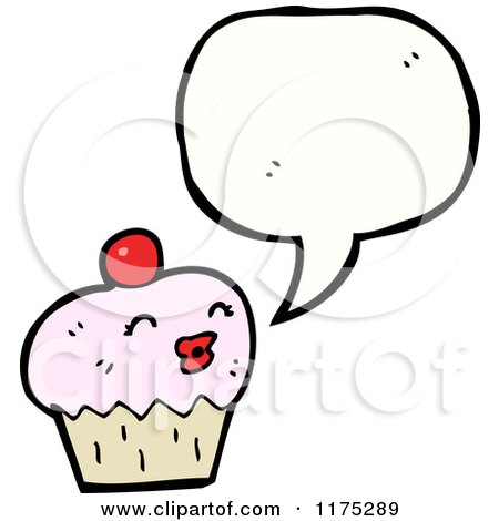Cartoon of a Cupcake with a Cherry and a Conversation Bubble - Royalty Free Vector Illustration by lineartestpilot