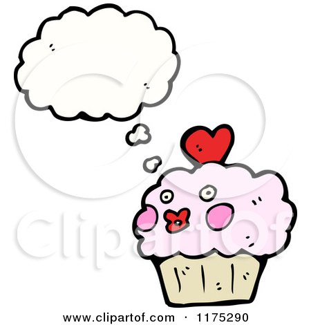 Cartoon of a Pink Cupcake with Hearts and a Conversation Bubble - Royalty Free Vector Illustration by lineartestpilot