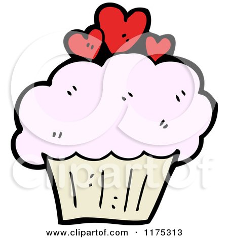 Cartoon of a Pink Cupcake with Red Hearts - Royalty Free Vector Illustration by lineartestpilot