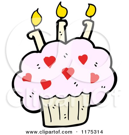 Cartoon of a Pink Cupcake with Candles and a Conversation Bubble - Royalty Free Vector Illustration by lineartestpilot