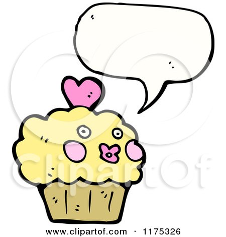 Cartoon of a Cupcake with a Heart and a Conversation Bubble - Royalty Free Vector Illustration by lineartestpilot