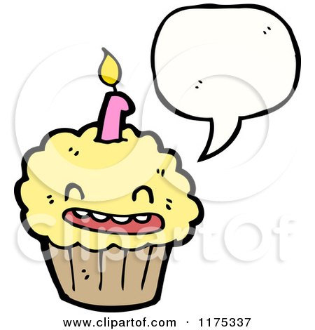 Cartoon of a Cupcake with Candle and a Conversation Bubble - Royalty Free Vector Illustration by lineartestpilot