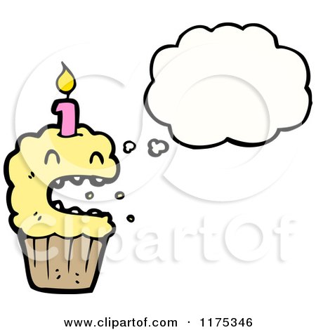 Cartoon of a Cupcake with a Candle and a Conversation Bubble - Royalty Free Vector Illustration by lineartestpilot