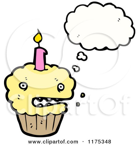 Cartoon of a Cupcake with a Candle and a Conversation Bubble - Royalty Free Vector Illustration by lineartestpilot