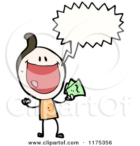Cartoon of a Brunette Stick Girl Holding Money with a Conversation Bubble - Royalty Free Vector Illustration by lineartestpilot