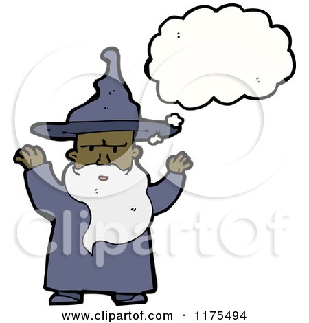 Cartoon of an Old African American Wizard with a Conversation Bubble - Royalty Free Vector Illustration by lineartestpilot