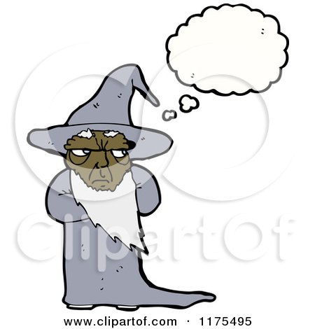 Cartoon of an Old African American Wizard with a Conversation Bubble - Royalty Free Vector Illustration by lineartestpilot