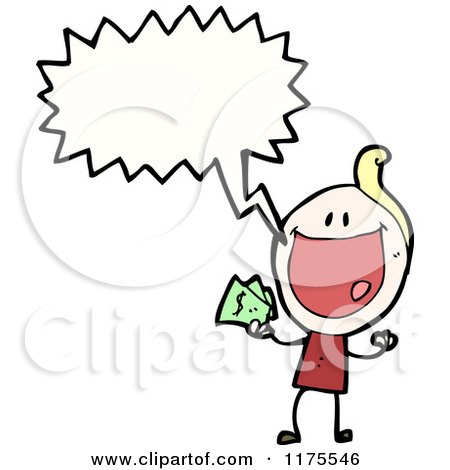 Cartoon of a Blonde Stick Girl Holding Money with a Conversation Bubble - Royalty Free Vector Illustration by lineartestpilot