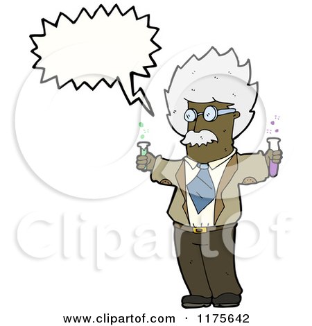 Cartoon of a Scientist Holding Beakers with a Conversation Bubble - Royalty Free Vector Illustration by lineartestpilot