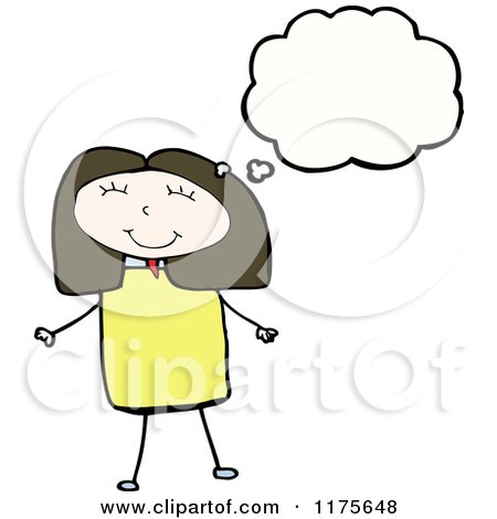 Cartoon of a Brunette Stick Girl with a Conversation Bubble - Royalty Free Vector Illustration by lineartestpilot