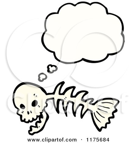 Cartoon of a Skull and Fish Skeleton with a Conversation Bubble - Royalty Free Vector Illustration by lineartestpilot