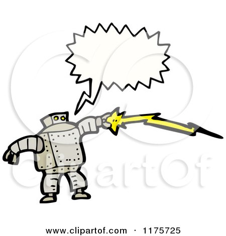 Cartoon of a Robot with a Lightning Bolt and a Conversation Bubble - Royalty Free Vector Illustration by lineartestpilot