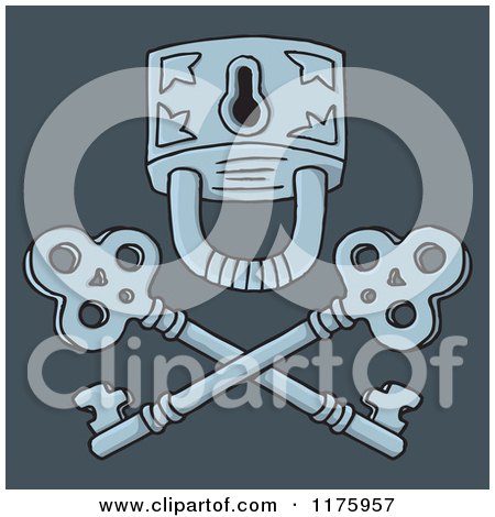Cartoon of a Jolly Roger Padlock and Crossed Keys on Blue - Royalty Free Vector Clipart by Any Vector