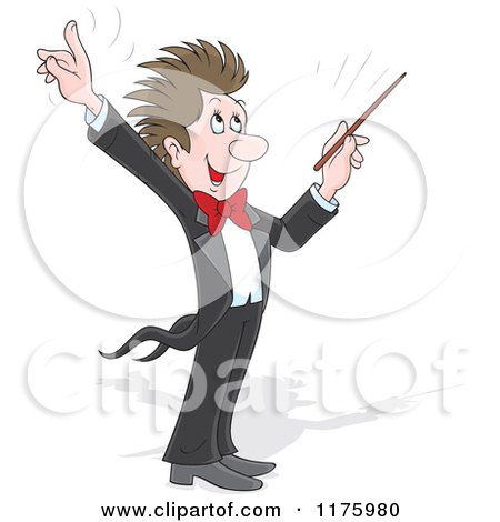 Cartoon of a Happy Music Conductor Holding up a Finger and Waving a Baton - Royalty Free Vector Clipart by Alex Bannykh