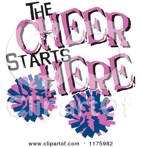 Cartoon of Purple and Blue the Cheer Starts Here Text with Pom Poms - Royalty Free Vector Clipart by Johnny Sajem