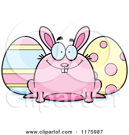 Cartoon of a Happy Chubby Easter Bunny with Eggs - Royalty Free Vector Clipart by Cory Thoman