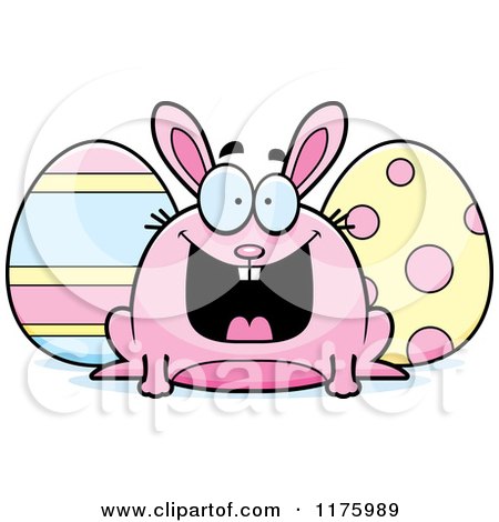 Cartoon of a Grinning Chubby Easter Bunny with Eggs - Royalty Free Vector Clipart by Cory Thoman