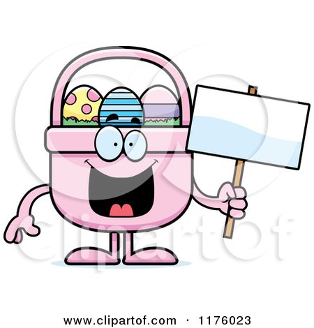 Cartoon of a Happy Easter Basket Mascot Holding a Sign - Royalty Free Vector Clipart by Cory Thoman