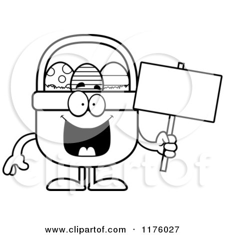 Cartoon of a Black And White Happy Easter Basket Mascot Holding a Sign - Royalty Free Vector Clipart by Cory Thoman