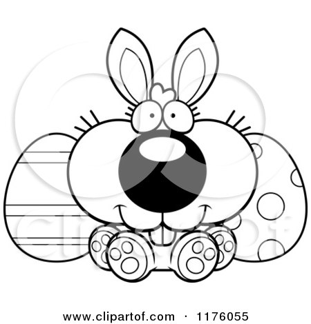 Cartoon of a Black And White Happy Easter Bunny Sitting with Eggs - Royalty Free Vector Clipart by Cory Thoman