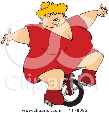 Cartoon of a Circus Freak White Fat Lady Riding a Unicycle - Royalty Free Vector Clipart by djart