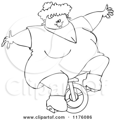 Cartoon of an Outlined Circus Freak Fat Lady Riding a Unicycle - Royalty Free Vector Clipart by djart