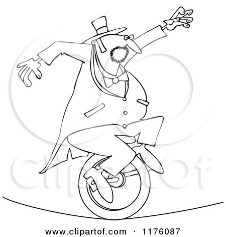 Cartoon of an Outlined Circus Man Riding a Unicycle on a Tight Rope - Royalty Free Vector Clipart by djart