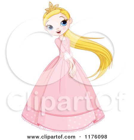 Cartoon of a Happy Princess Swinging Her Long Blond Hair and Holding Her Hands in Front - Royalty Free Vector Clipart by Pushkin