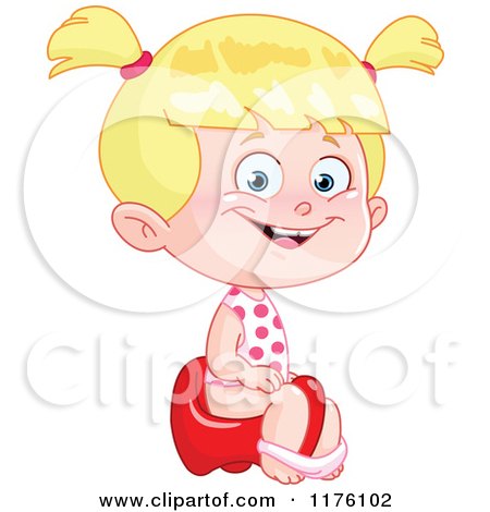 Cartoon of a Happy Blond Girl Sitting on a Potty Training Toilet - Royalty Free Vector Clipart by yayayoyo