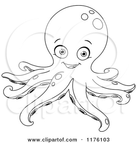 Cartoon of a Black and White Happy Octopus - Royalty Free Vector Clipart by yayayoyo