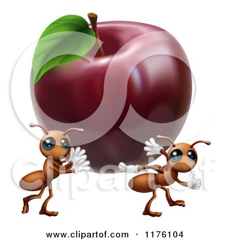 Cartoon of Worker Ants Carrying Away a Red Apple - Royalty Free Vector Clipart by AtStockIllustration