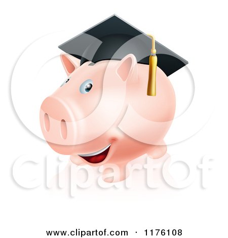 Cartoon of a Happy Piggy Bank Wearing a Graduation Cap - Royalty Free Vector Clipart by AtStockIllustration