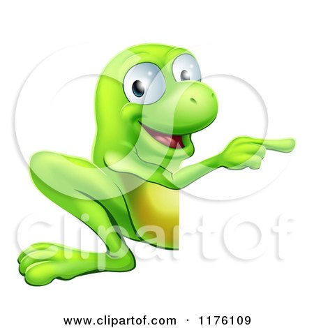 Cartoon of a Happy Green Frog Pointing to a Sign - Royalty Free Vector Clipart by AtStockIllustration