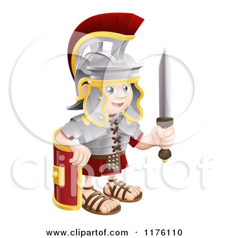 Cartoon of a Happy Roman Soldier Holding a Knife and Shield - Royalty Free Vector Clipart by AtStockIllustration