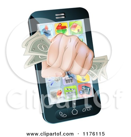 Clipart of a Fist with Cash Emerging from a Smart Phone - Royalty Free Vector Illustration by AtStockIllustration