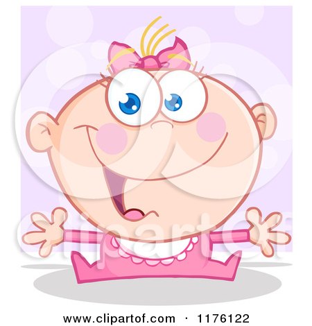 Cartoon of a Happy White Baby Girl with Open Arms, over Purple - Royalty Free Vector Clipart by Hit Toon