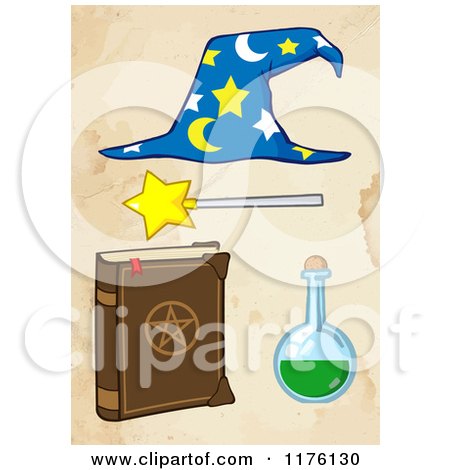 Cartoon of a Magic Book Flask Magic Wand and Wizard Hat over Water Stained Paper - Royalty Free Vector Clipart by Hit Toon