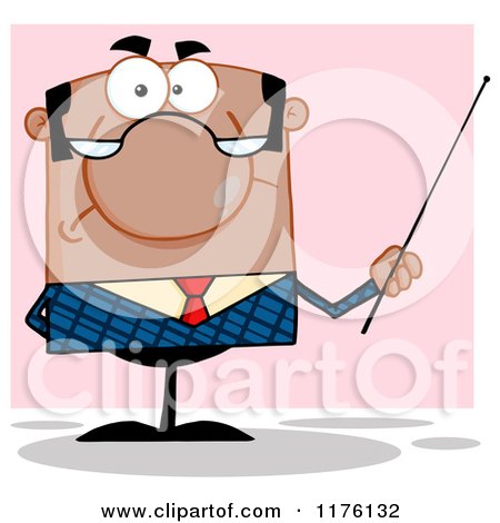 Cartoon of a Grumpy African American Businessman Holding a Pointer Stick, over Pink - Royalty Free Vector Clipart by Hit Toon